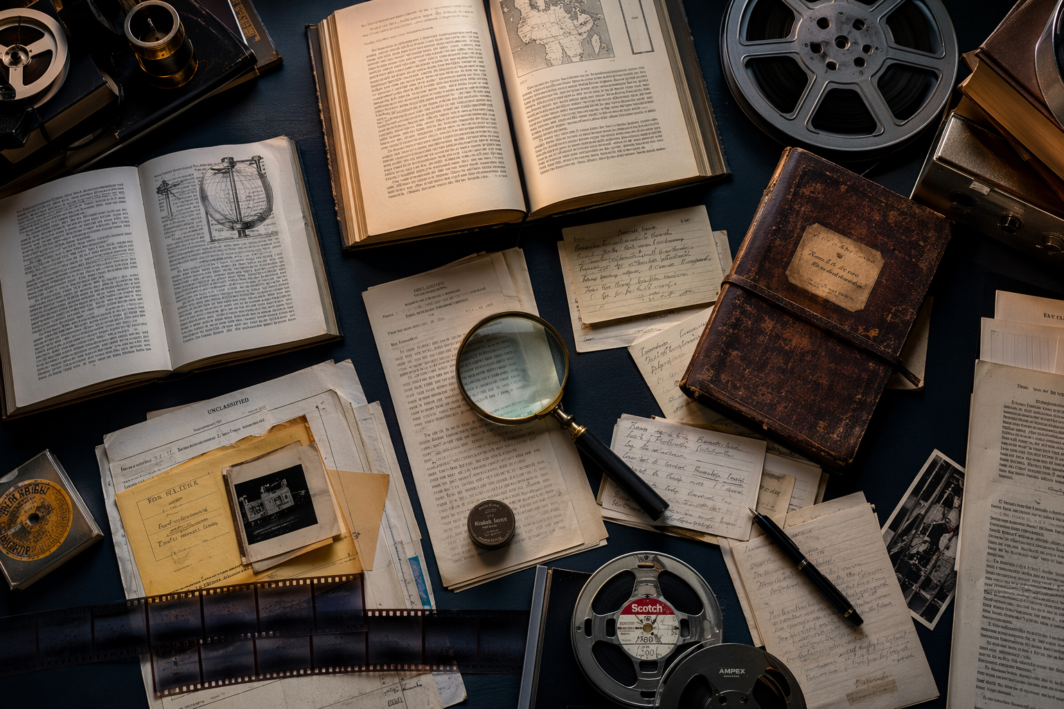 Research materials — open books, film reels, and media artefacts on a dark surface