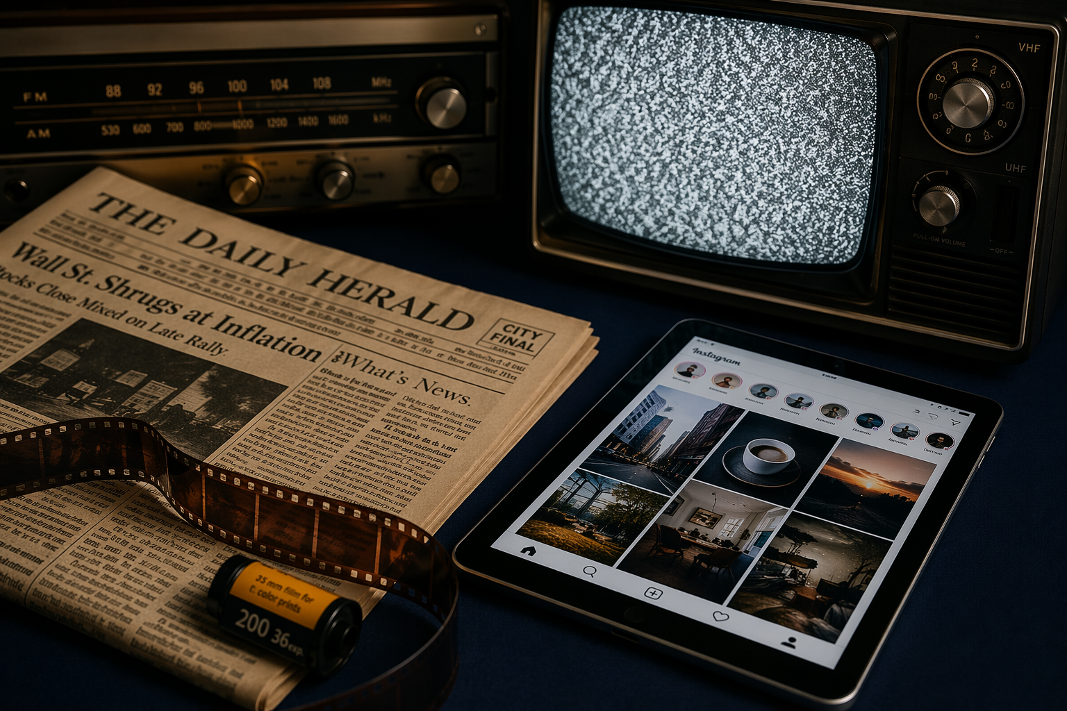 Cultural symbols and media artefacts — film strips, newspapers, and digital screens